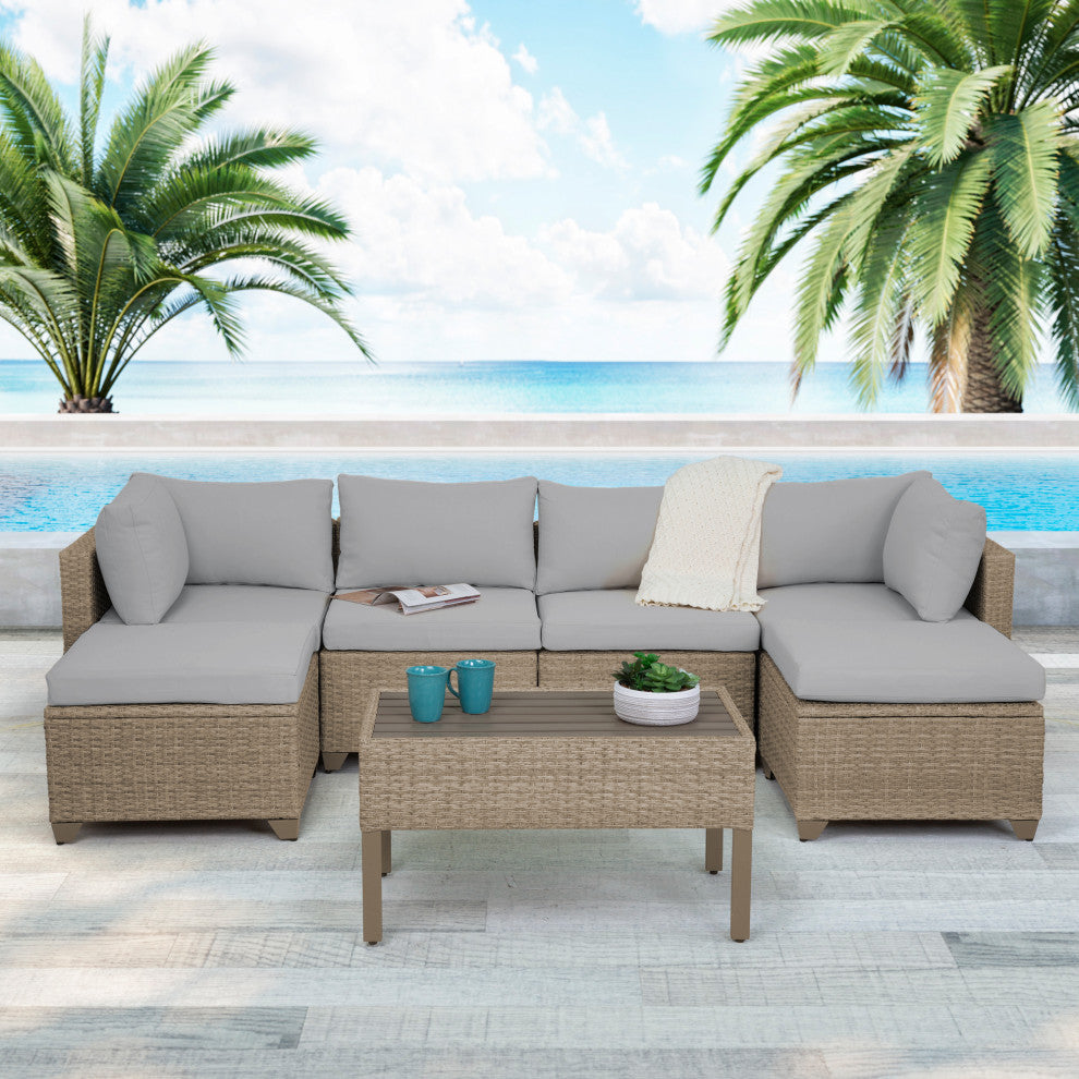 Maui 7-Piece Outdoor Conversation Set, Two Ottomans, Coffee Table, Stone