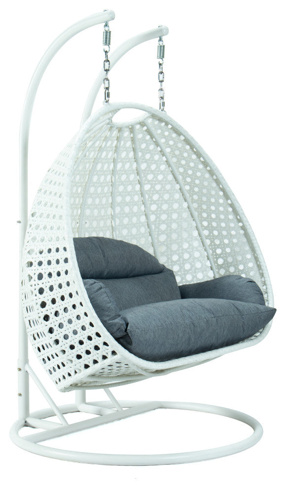 2 Person White Wicker Double Hanging Egg Swing Chair, Charcoal Blue