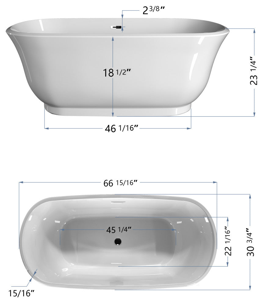 Acrylic Oval Freestanding Flatbottom Soaking Bathtub in Glossy White, 67"31"