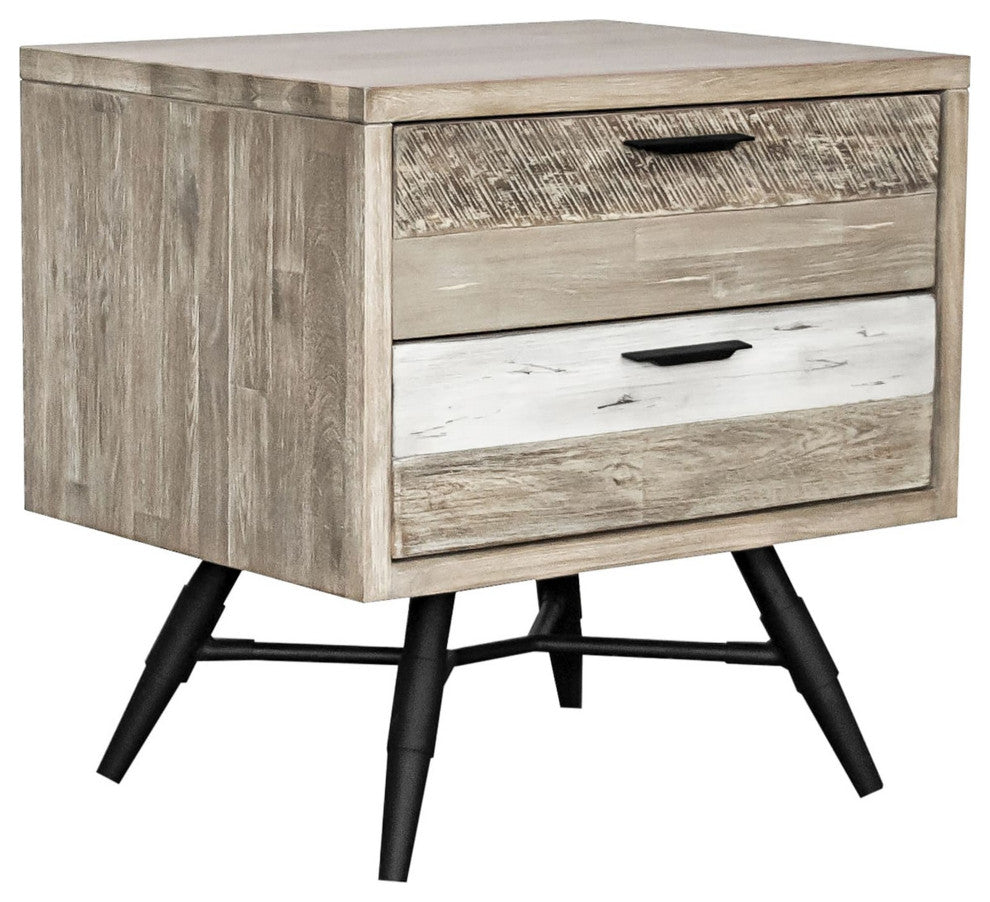 Benzara BM282060 Acacia Wood Nightstand, 2 Drawers, Metal Legs, Brown, Black