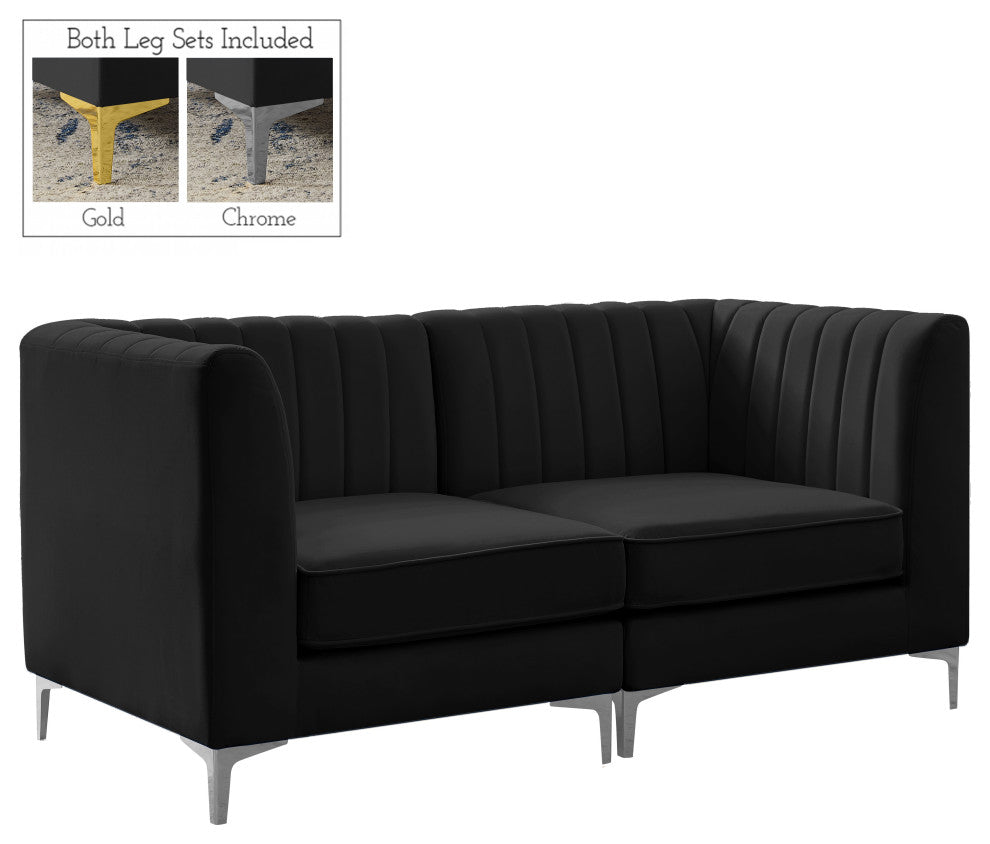 Alina Velvet Upholstered 2-Piece Modular Sofa, Black