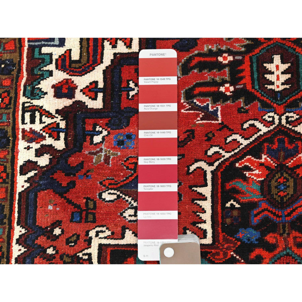 Tomato Red Vintage Zorostrian Heris Hand Knotted Worn Wool Rug, 6'8"x9'3"