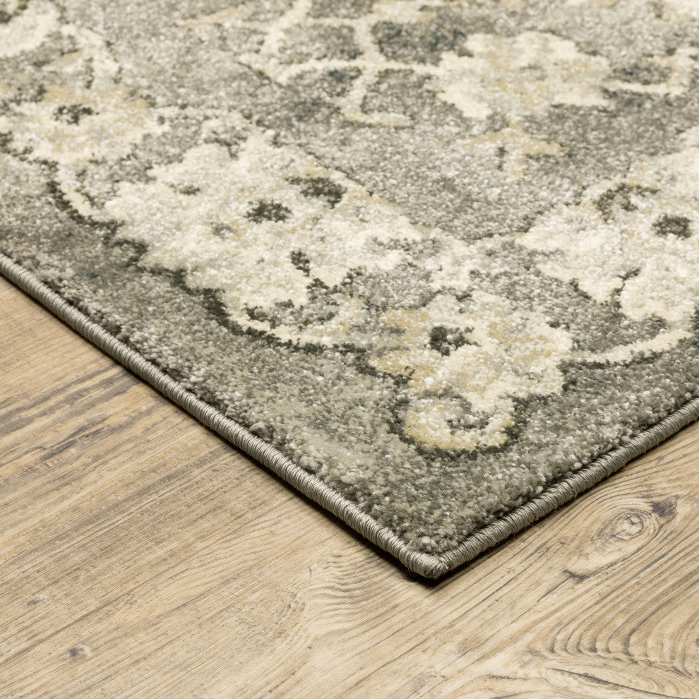 Fleming Distressed Floral Panel Grey and Beige Area Rug, 2'3"x7'6"