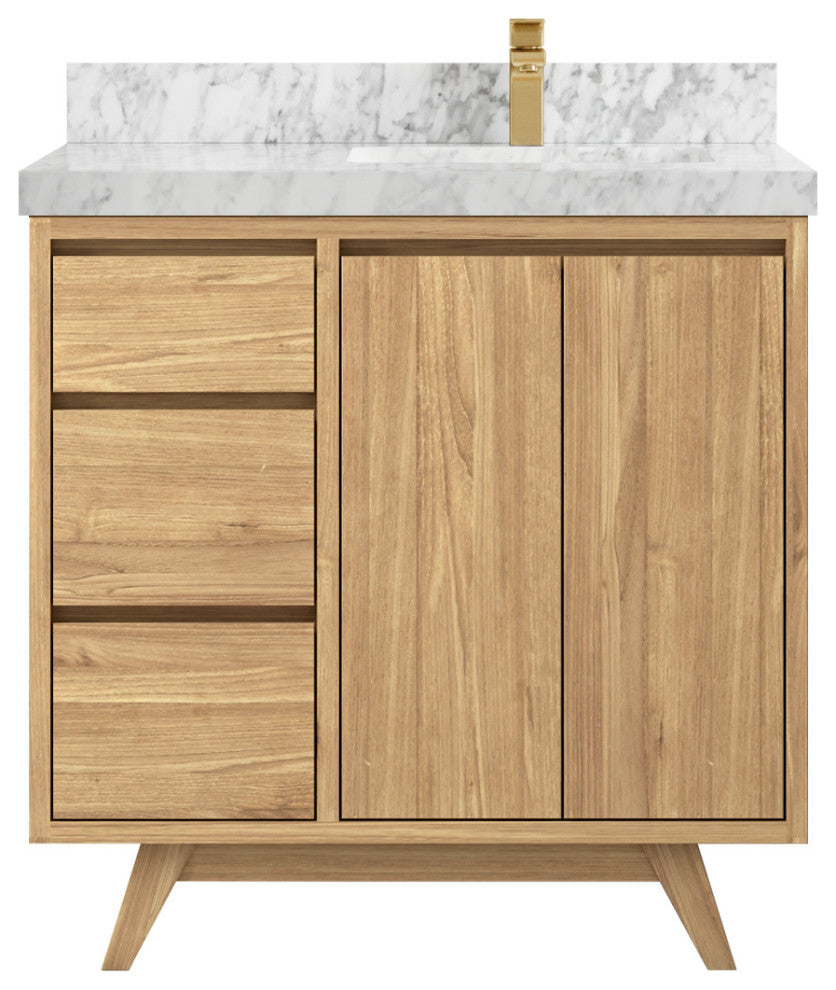 Madison Teak 36 Right Offset Bath Vanity in Light Natural 2" Carrara Marble