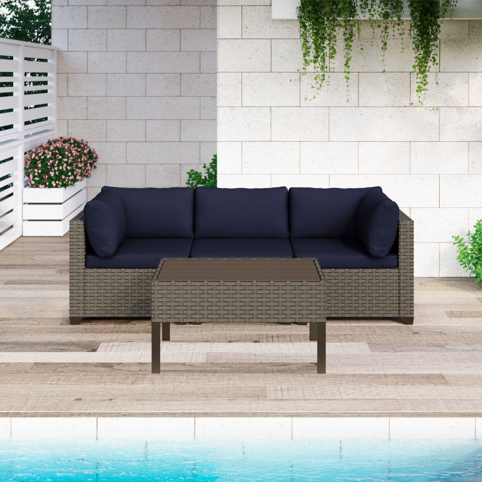 Keys 4-Piece Outdoor Conversation Set with Coffee Table in Summer Fog Wicker, Cobalt