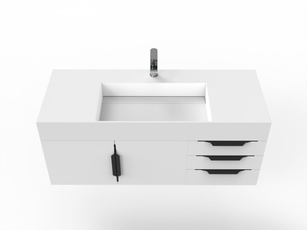 CastelloUSA Amazon 48" Wall Mounted Vanity Set, White, White Top, Black Handles