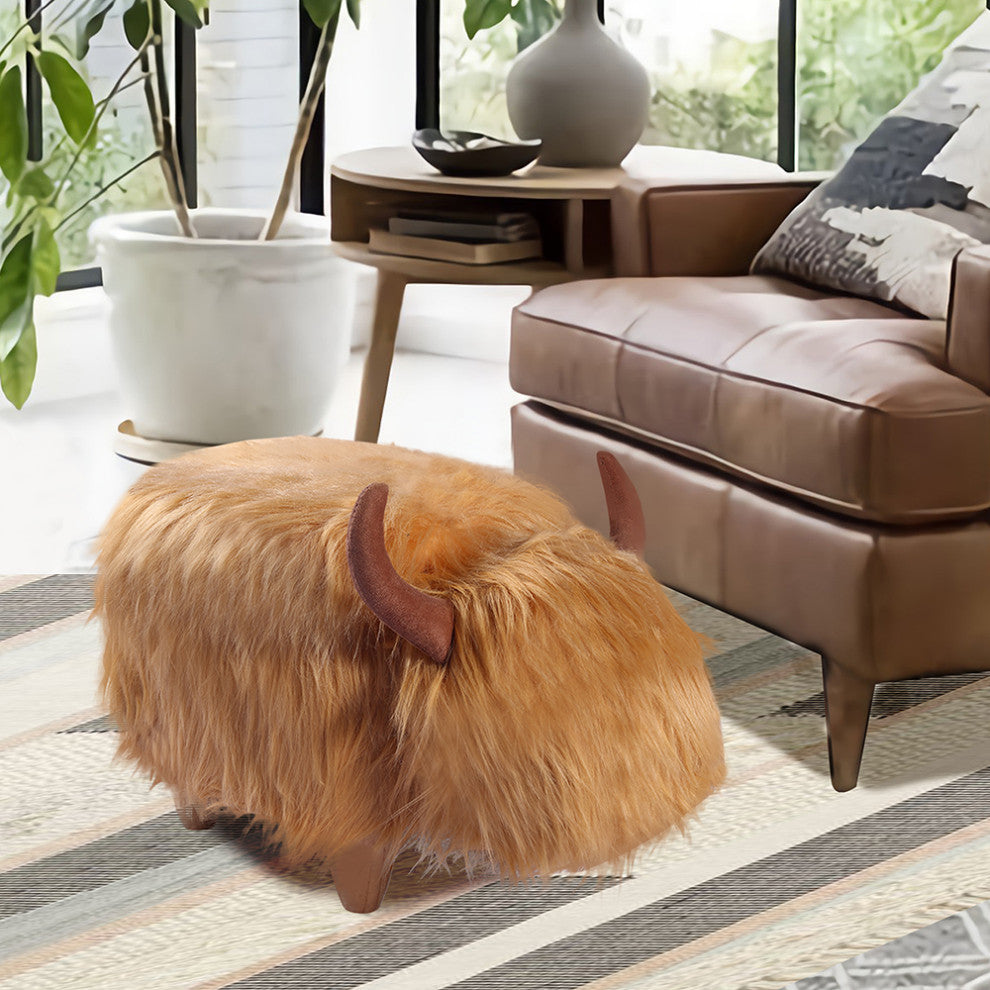 Brown Fur Cow Animal Ottoman, Storage for Living Room