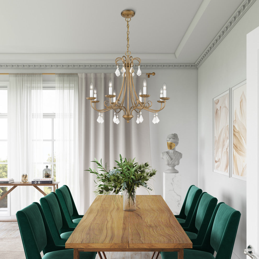 Daphne 8-Light Antique Gold Leaf Large Chandelier, Clear Crystals