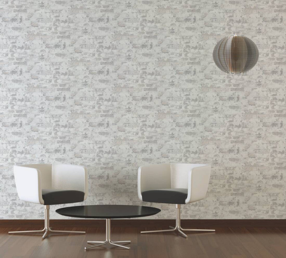 Textured Wallpaper Brick Rustic Cottage, Gray White, Sample