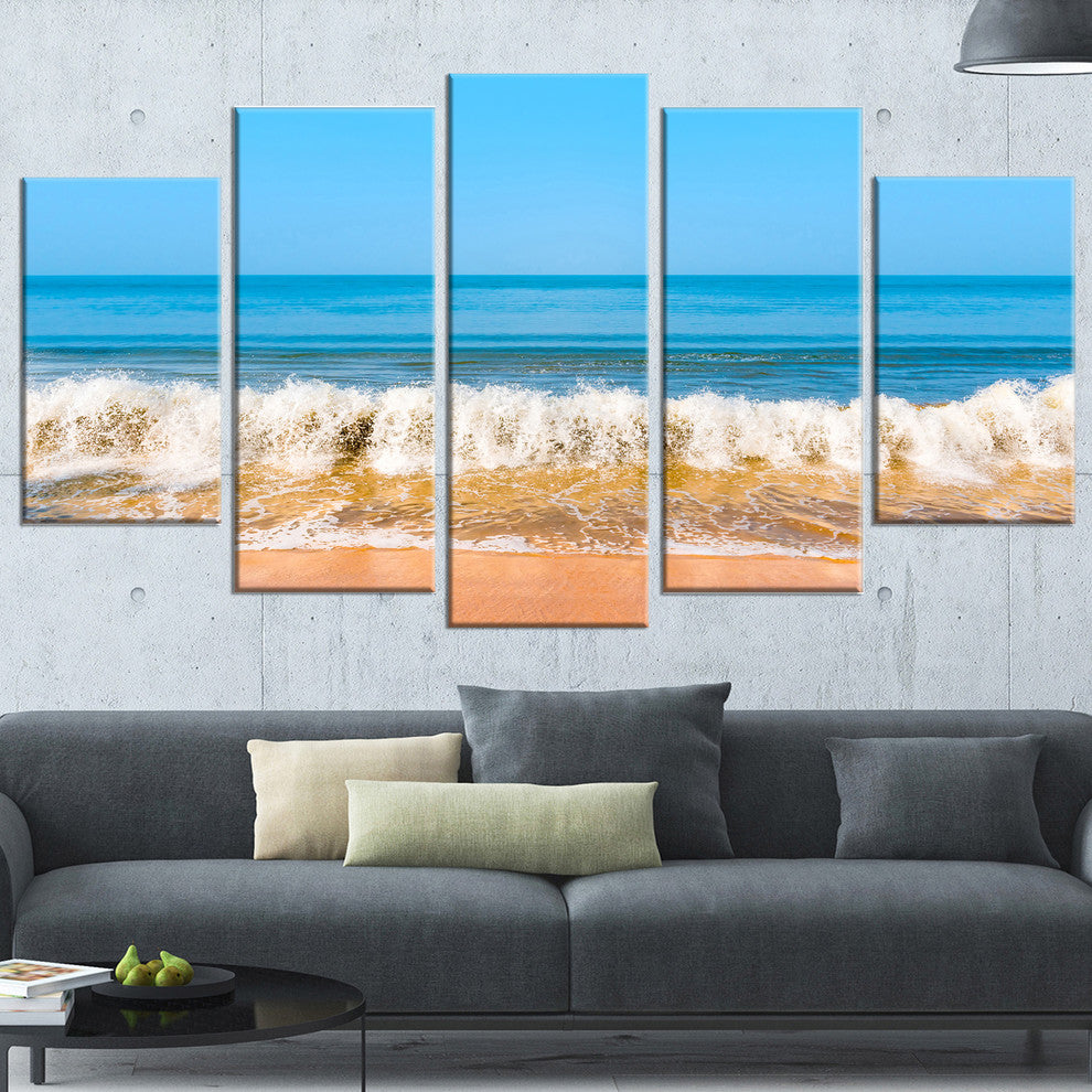 "Beautiful Blue Sea And Roaring Waves" Beach Canvas Wall Art, 5 Panels, 60"x32"