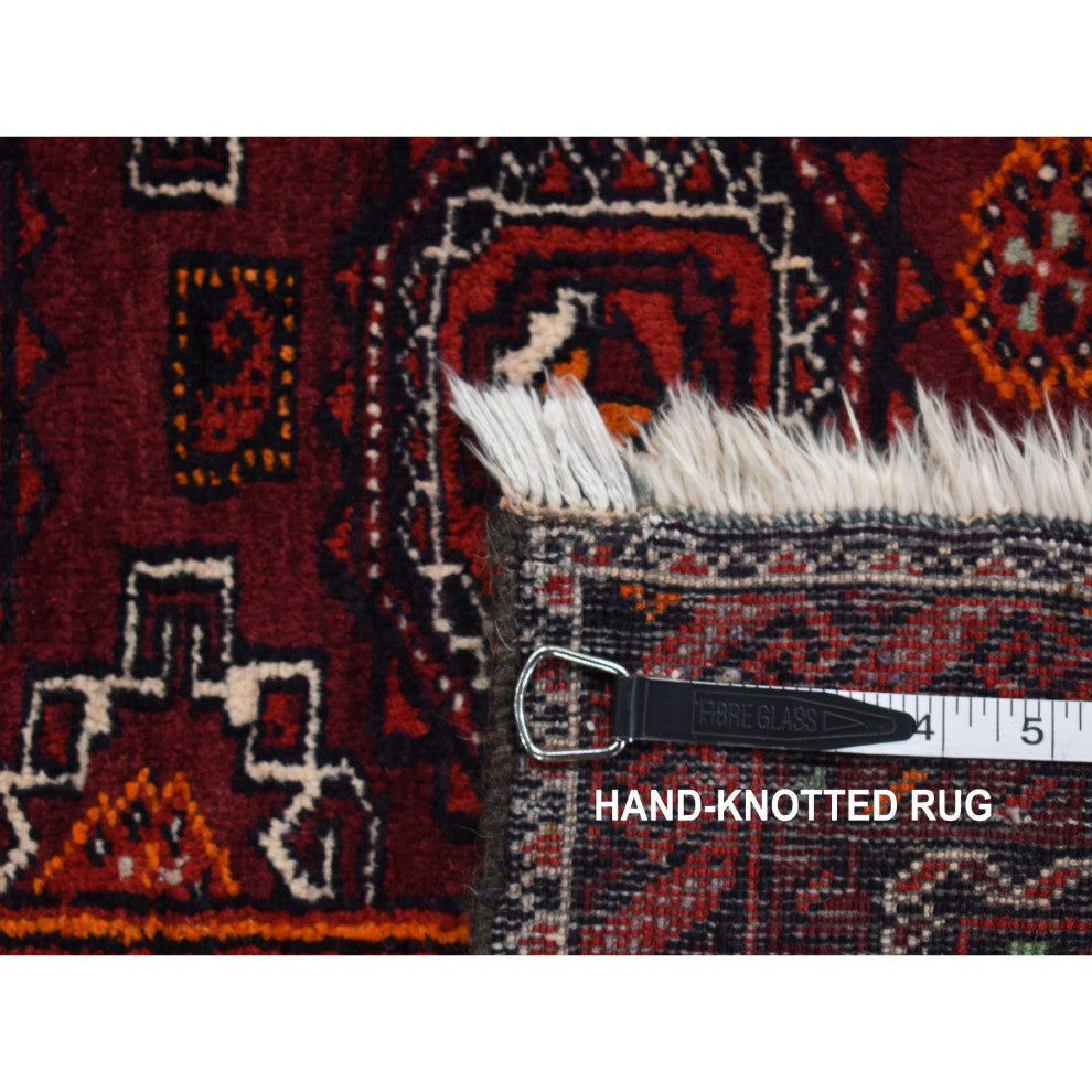 Red Vintage Tourkaman Bokara Pure Wool Hand Knotted Runner Rug 3'4" x 5'10"
