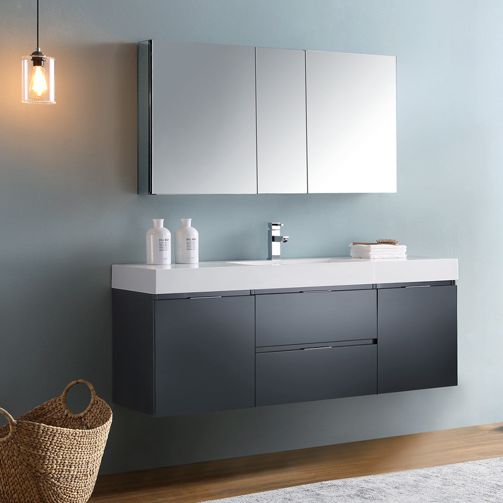 Valencia 60" Dark Slate Gray Wall Hung Vanity Set, Cabinet, Faucet FFT1030CH