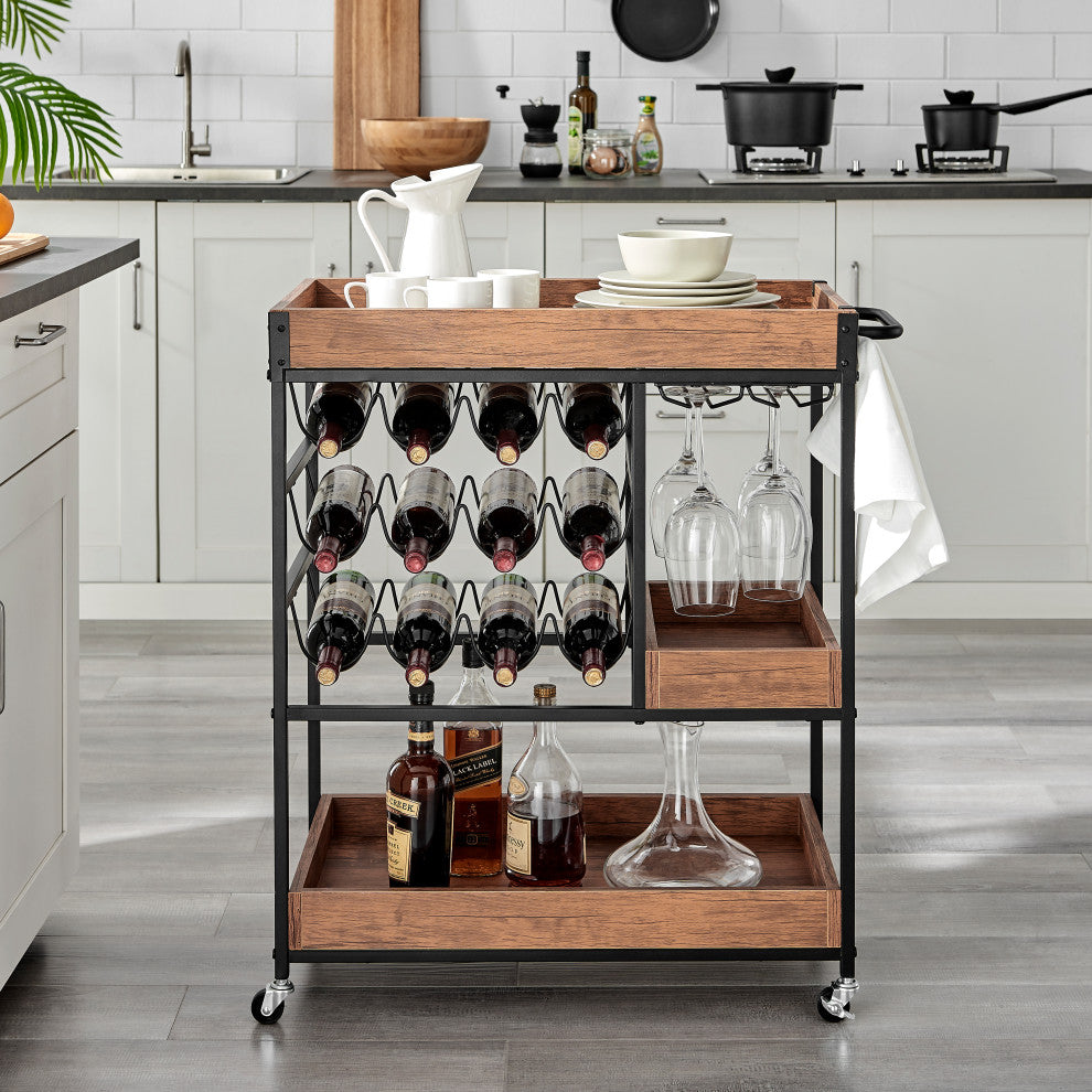 Rustic Walnut Veneer Rolling Farmhouse Wine Bar Cart With Bottle and Glass Rack