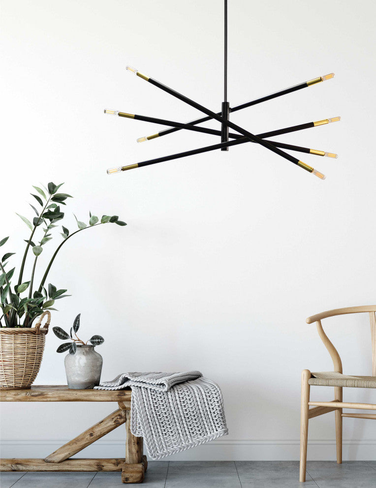 8-Light Pendant, Matte Black and Aged Brass