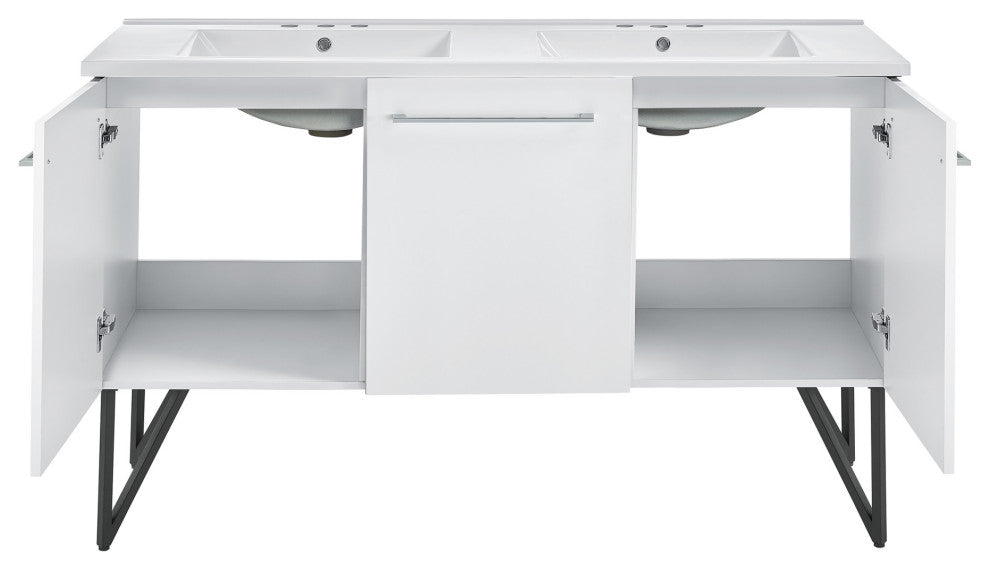 Annecy 60" White, Double Basin Bathroom Vanity With White, 3-Hole Sink Top