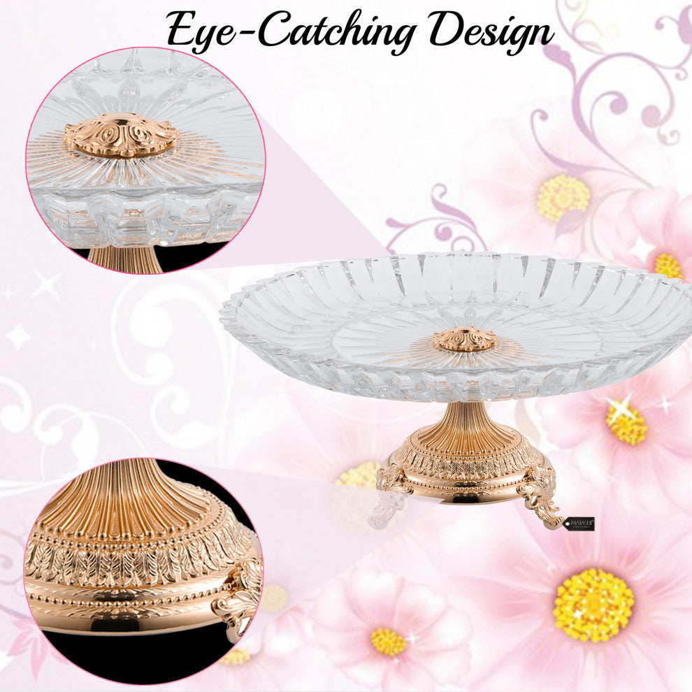 Crystal Cake Dish Round Serving Platter With Rose Gold Plated Pedestal Base