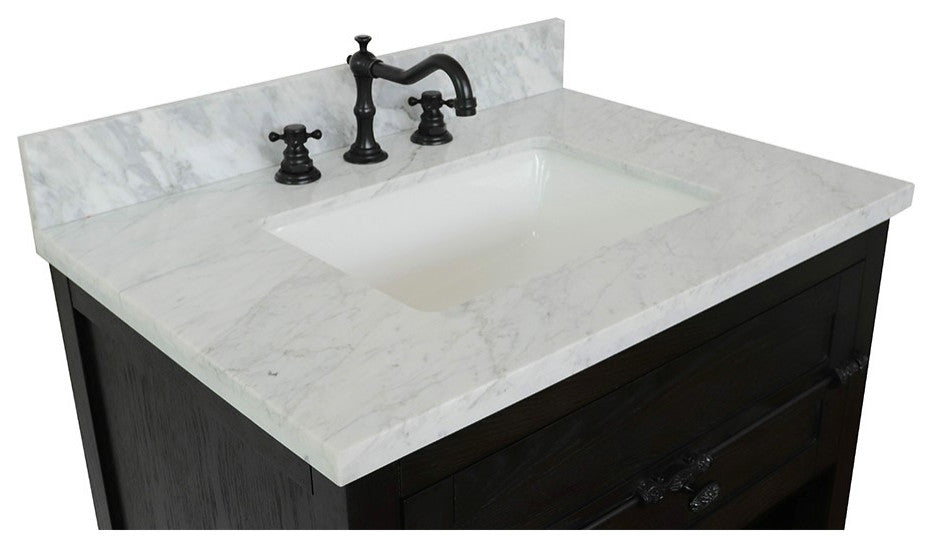30" Single Vanity, Brown Ash, White Carrara Top, Rectangle Sink