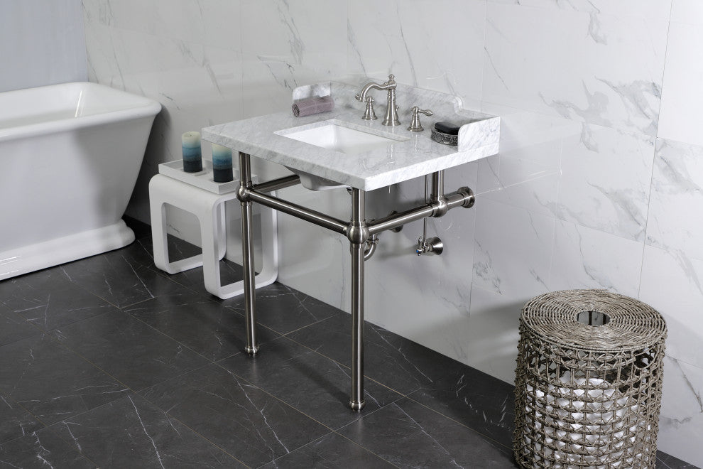 Kingston Brass LMS3030MBSQ8 30" Carrara Marble Console Sink, Legs