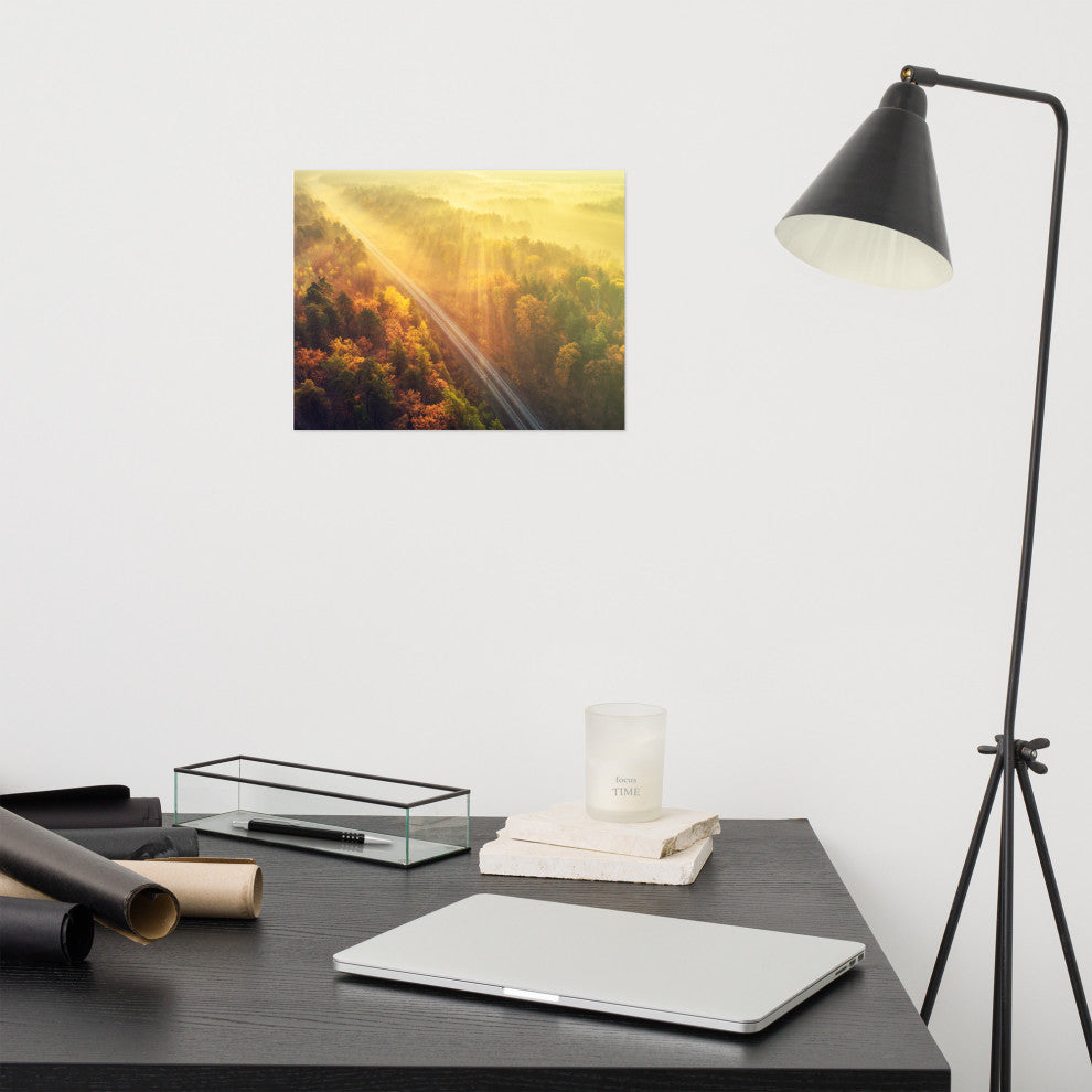 Sunrise Railroad Though Misty Forest Landscape Photo Loose Wall Art Prints, 11" X 14"