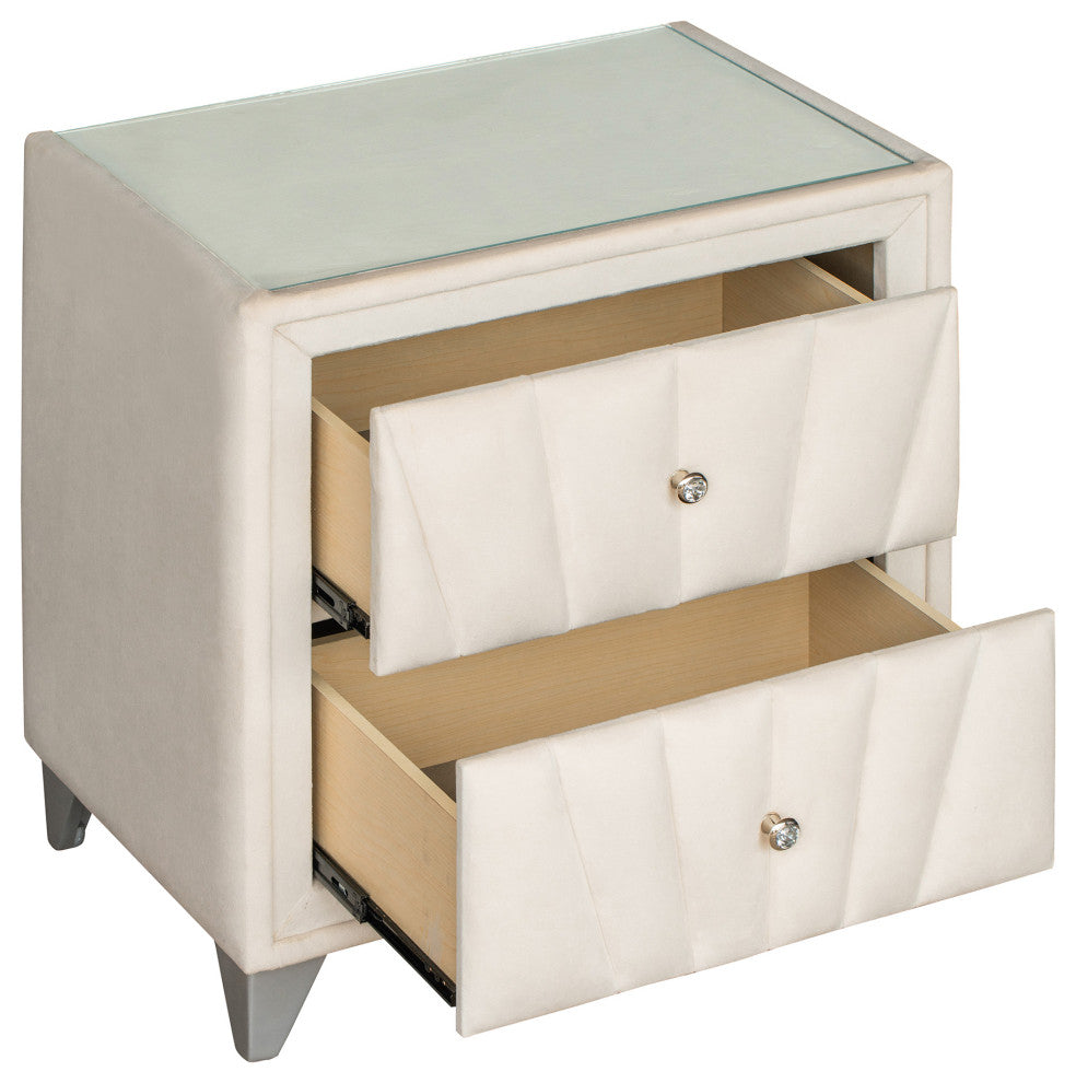 2-Drawer Wood Nightstand with Velvet Fabric and Glass Worktop, Beige
