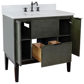 37" Single Vanity, Linen Gray Finish With Engineered Stone Top, Rectangle Sink