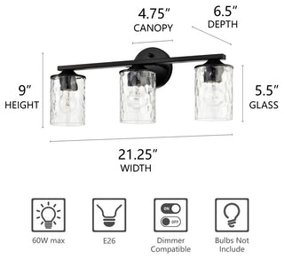 3-Light 21 in. Matte Black Vanity Light With Hammered Clear Glass Shades