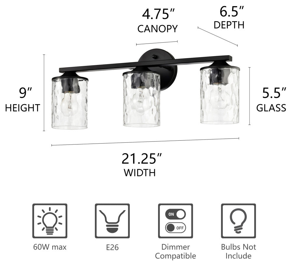 3-Light 21 in. Matte Black Vanity Light With Hammered Clear Glass Shades
