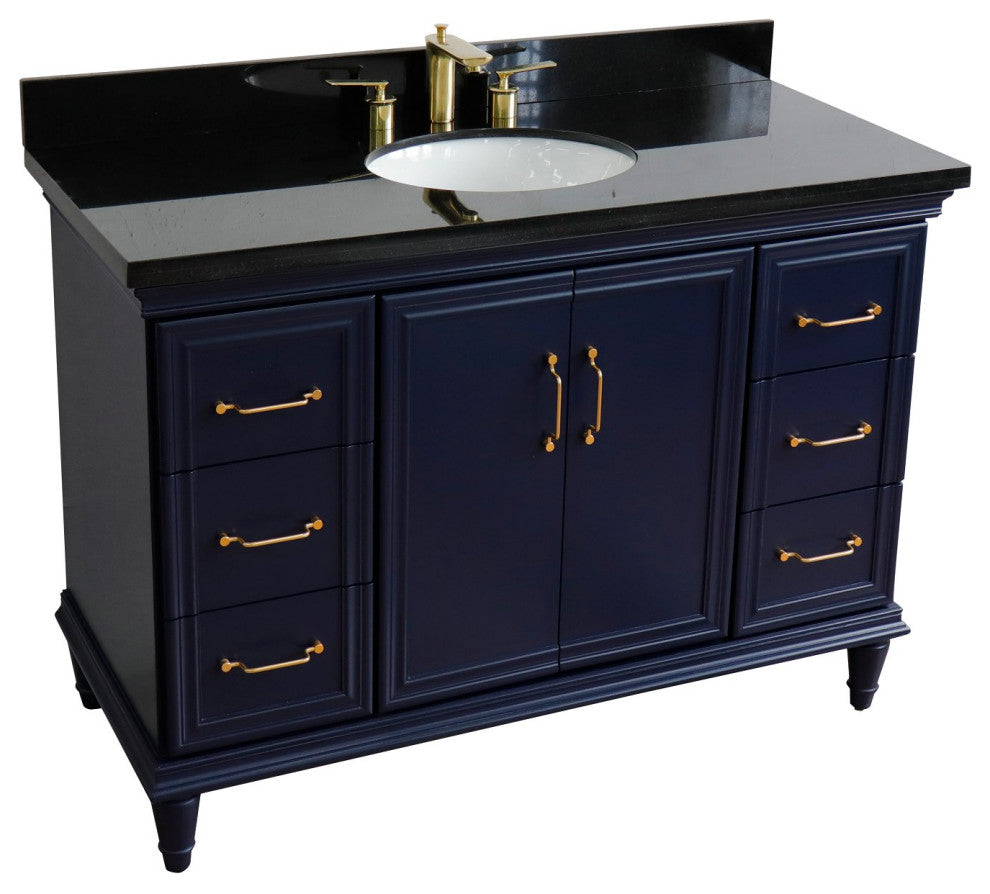 49" Single Sink Vanity, Blue Finish With Black Galaxy Granite And Oval Sink