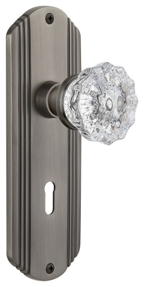 Deco Plate Interior Mortise Crystal Glass Door Knob, Antique Pewter