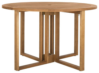 Outdoor Folding Dining Table, Round Eucalyptus Wood Top, Teak Color