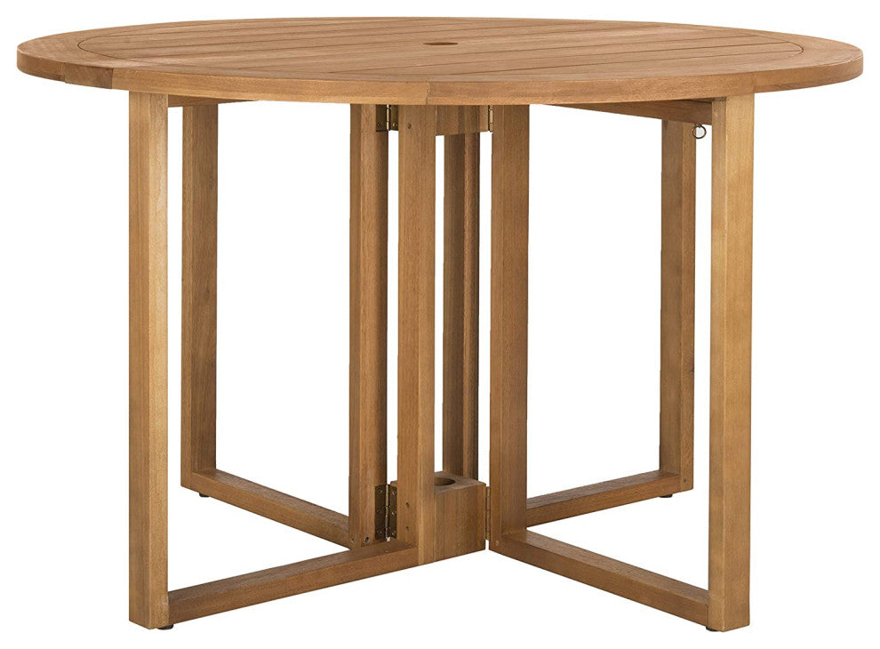 Outdoor Folding Dining Table, Round Eucalyptus Wood Top, Teak Color