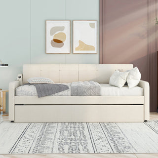 Gewnee Twin Upholstered Daybeds with Trundle and USB Charging,Beige