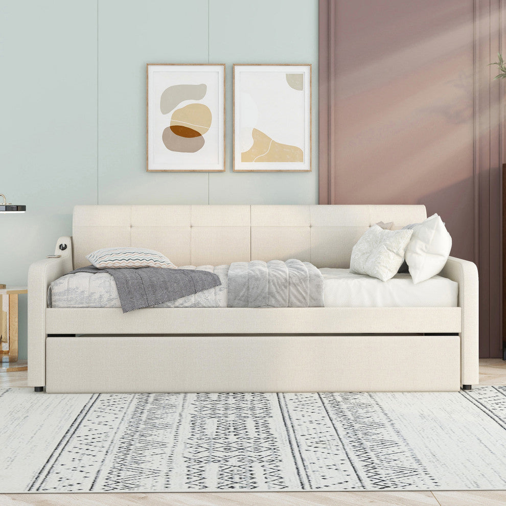 Gewnee Twin Upholstered Daybeds with Trundle and USB Charging,Beige