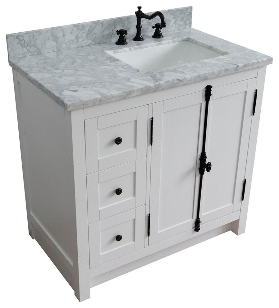 37" Vanity, Glacier Ash, White Carrara Top, Right Doors/Right Rectangle Sink