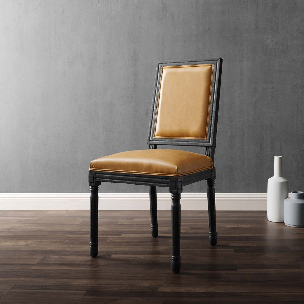 French Vintage Side Dining Chair, Faux Vegan Leather, Wood, Black Tan, Modern