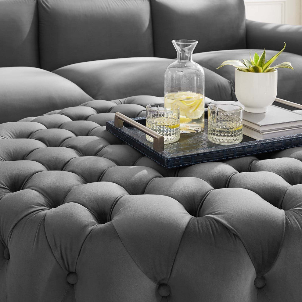 Round Ottoman Accent Tufted Chair, Gray, Velvet, Modern, Cafe Hospitality