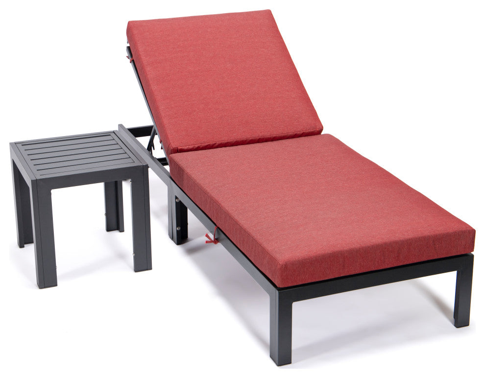 LeisureMod Chelsea Chaise Lounge Chair With Cushions & Side Table, Red