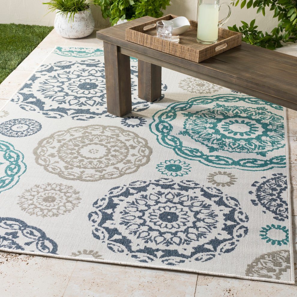 Alfresco Medallion Teal, Charcoal Area Rug, 2'3"x4'6"
