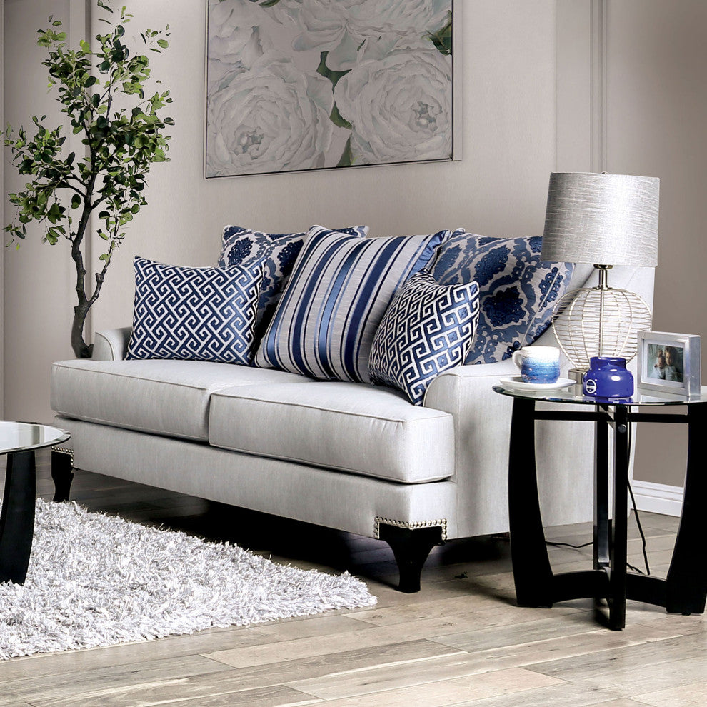 Chenille And Wooden Love Seat with Sloped Arms Design, Light Gray