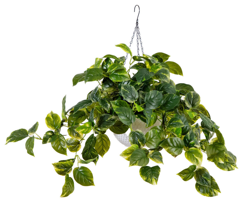 24in. Prelit UV Resistant Artificial Pothos, White Hanging Basket