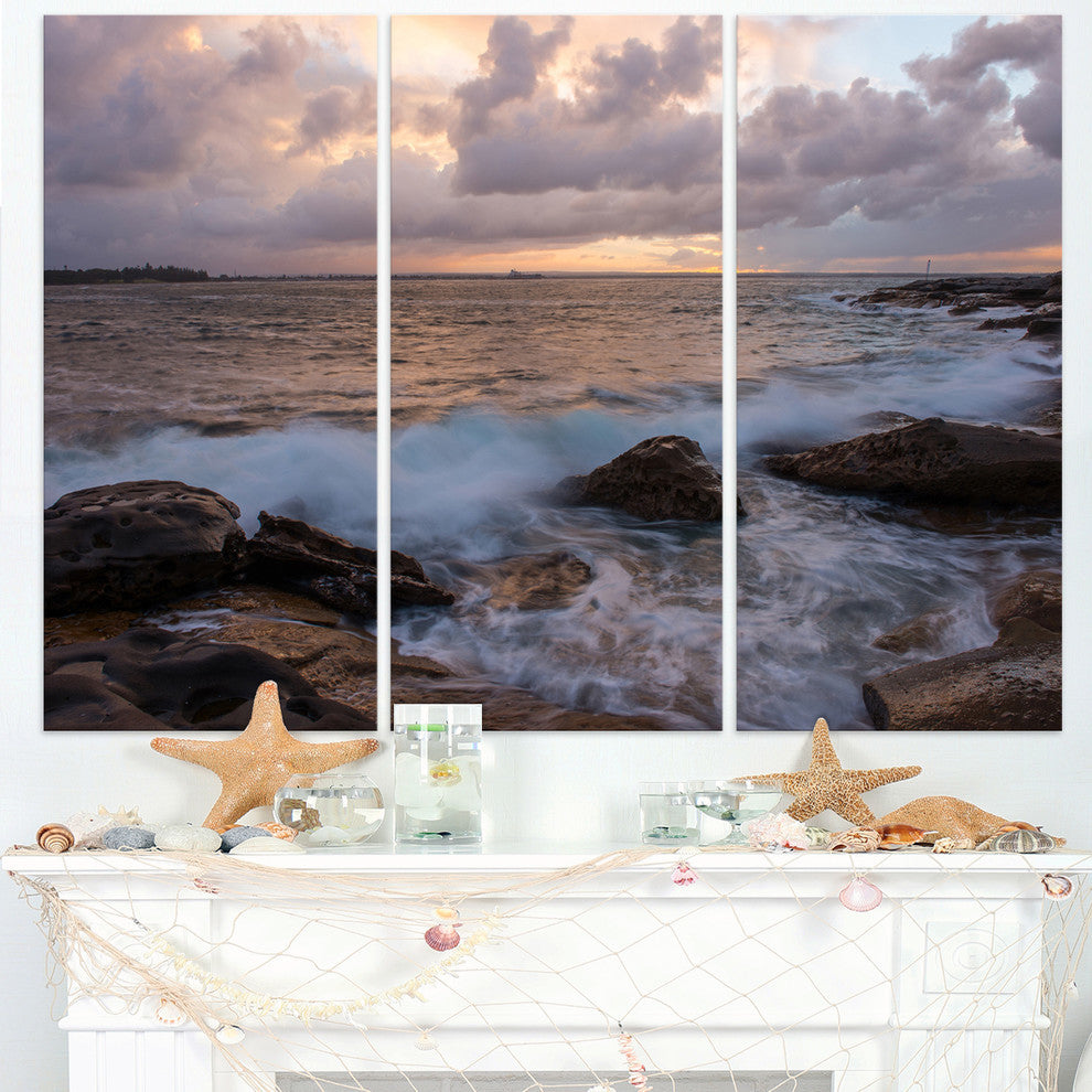 "Cloudy Sky and Stormy Waves in Sydney" Metal Wall Art, 3 Panels, 36"x28"