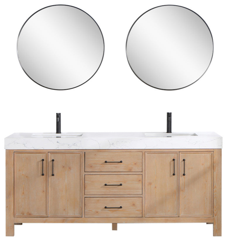 Leon Bath Vanity With Composite Stone Top, Fir Wood Brown, 72", With Mirror