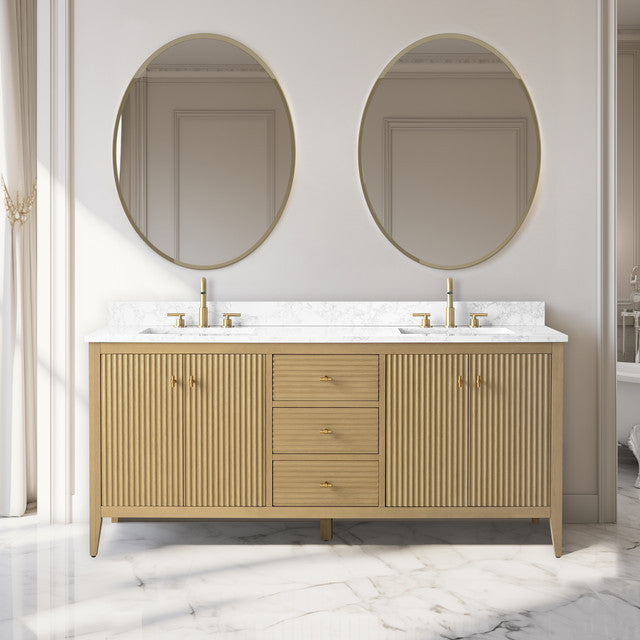 Vanity Art Freestanding Vanity, Natural Oak, 72", Double Sink, Golden Brushed