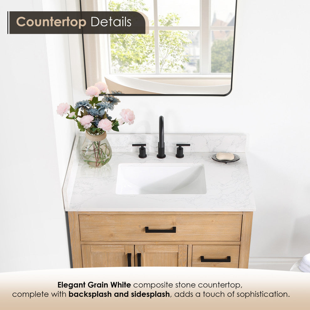Gavino Vanity With Grain White Composite Stone Top, Light Brown/Matte Black, 36", With Mirror