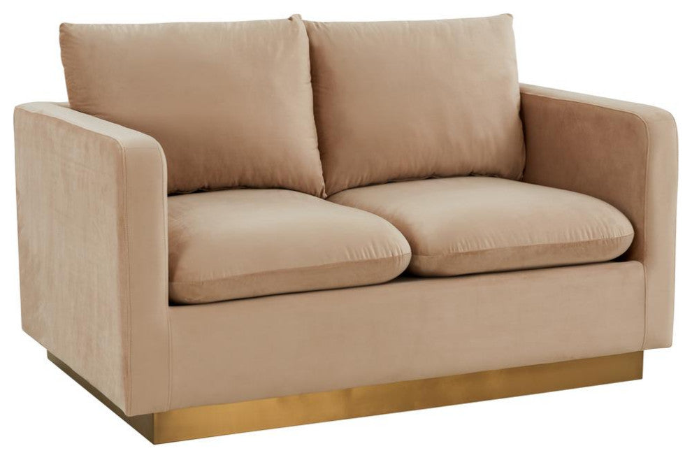 LeisureMod NS55BG Nervo Beige Mid-Century Velvet Loveseat Gold Frame