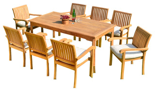9Piece Outdoor Patio Teak Dining Set, 71" Rectangle Table, 8 Nain Stacking Chair