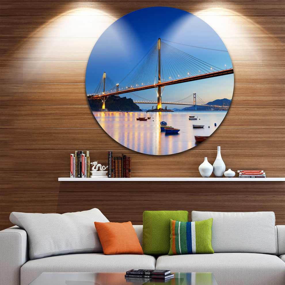 Hong Kong High Bridge At Night, Sea Bridge Disc Metal Wall Art, 23"