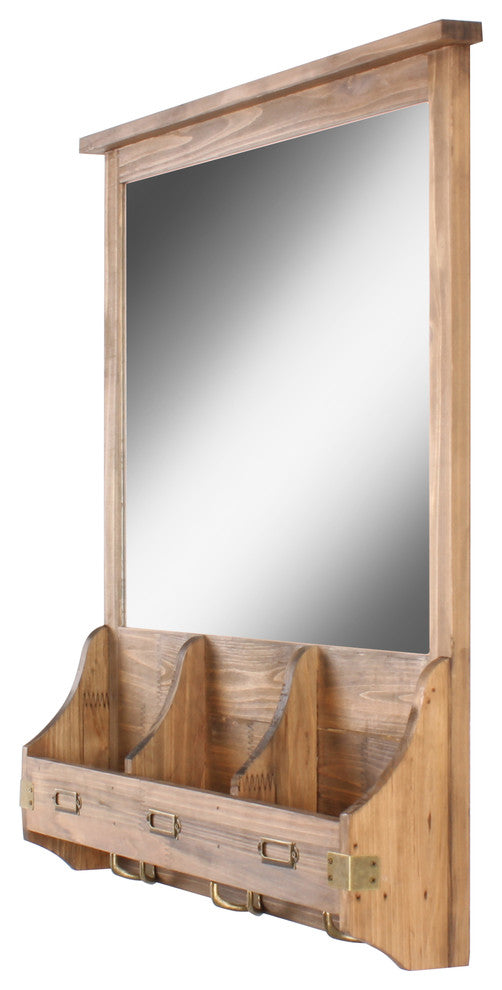Stallard Decorative Rustic Wood Framed Mirror With Hooks, Rustic Brown