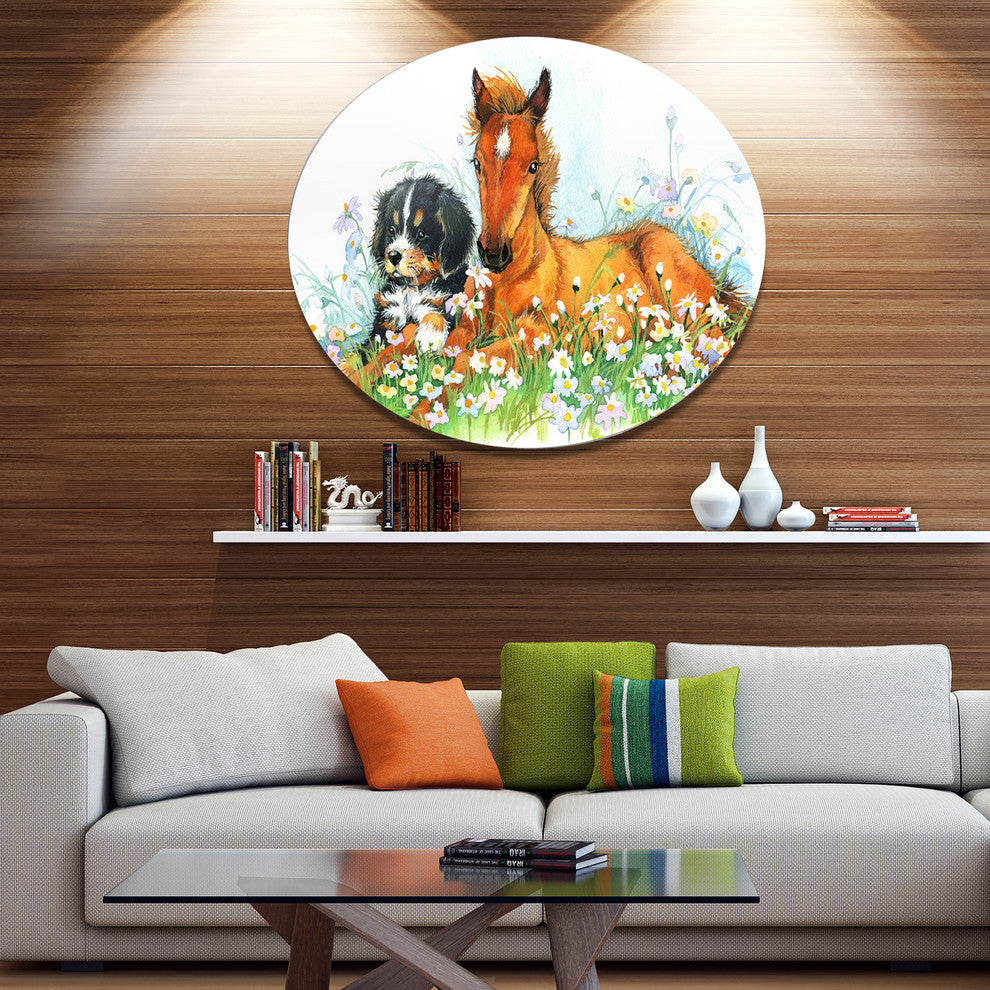 Relaxing Brown Cute Horse, Animal Large Disc Metal Wall Art, 36"