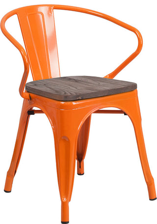 Orange Metal Chair with Wood Seat and Arms